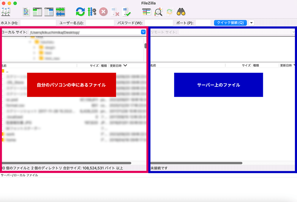 FTPソフト。左側が自分のローカルパソコンの中にあるファイル。右側がサーバーの中にあるファイル。の図
