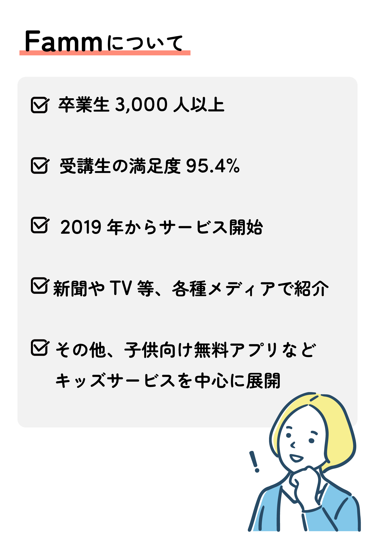 Fammは怪しい？に対する答え→Fammは実績のある会社
・卒業生3,000人以上
・受講生の満足度95.4%
・2019年からサービス開始
・新聞やTV等、各種メディアで紹介
・その他、子供向け無料アプリなど
キッズサービスを中心に展開