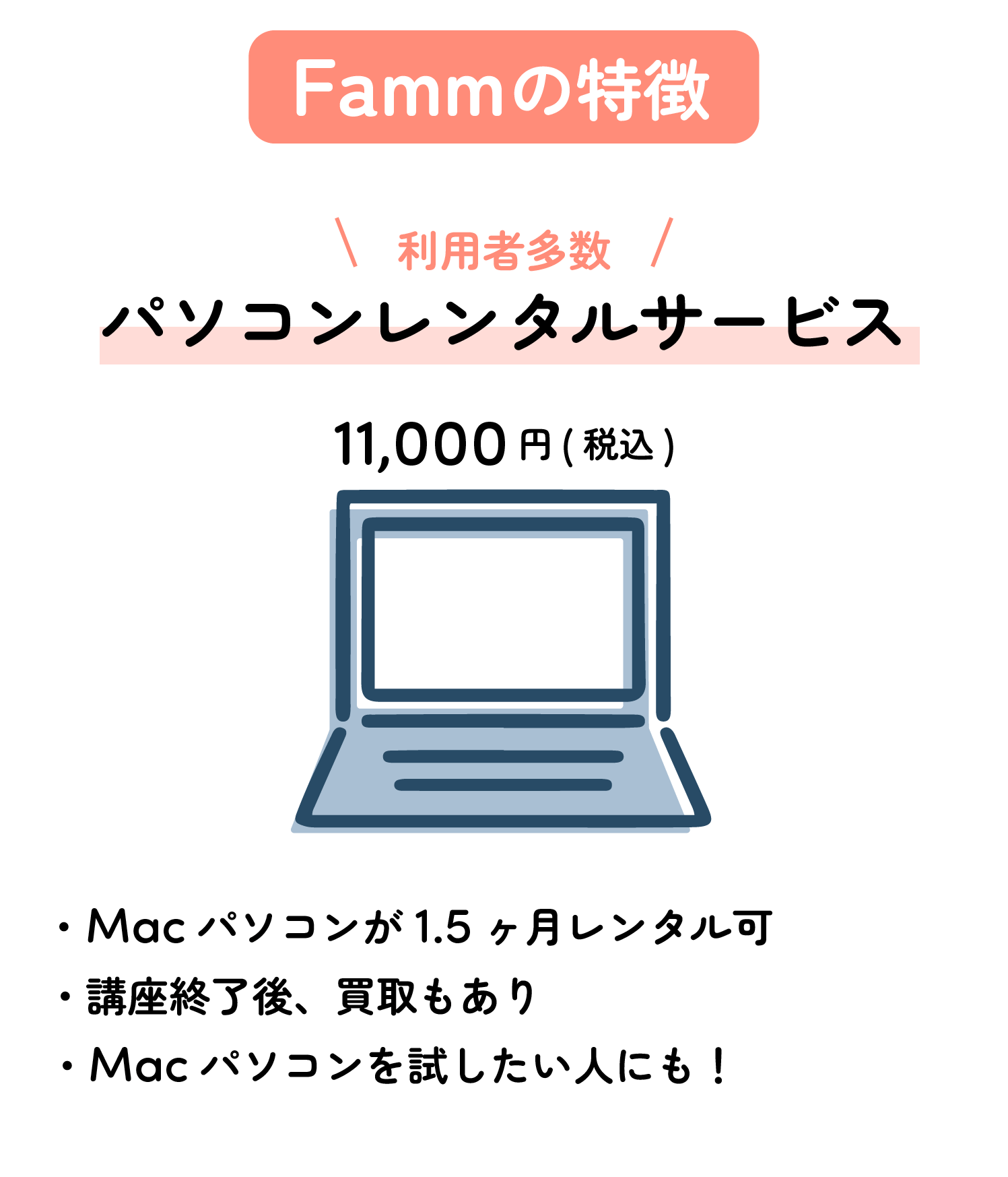 Fammの特徴
利用者多数のパソコンレンタルサービス 11,000円
・Macパソコンが1.5月レンタル可
・講座終了後、買取もあり
・Macパソコンを試したい人にも