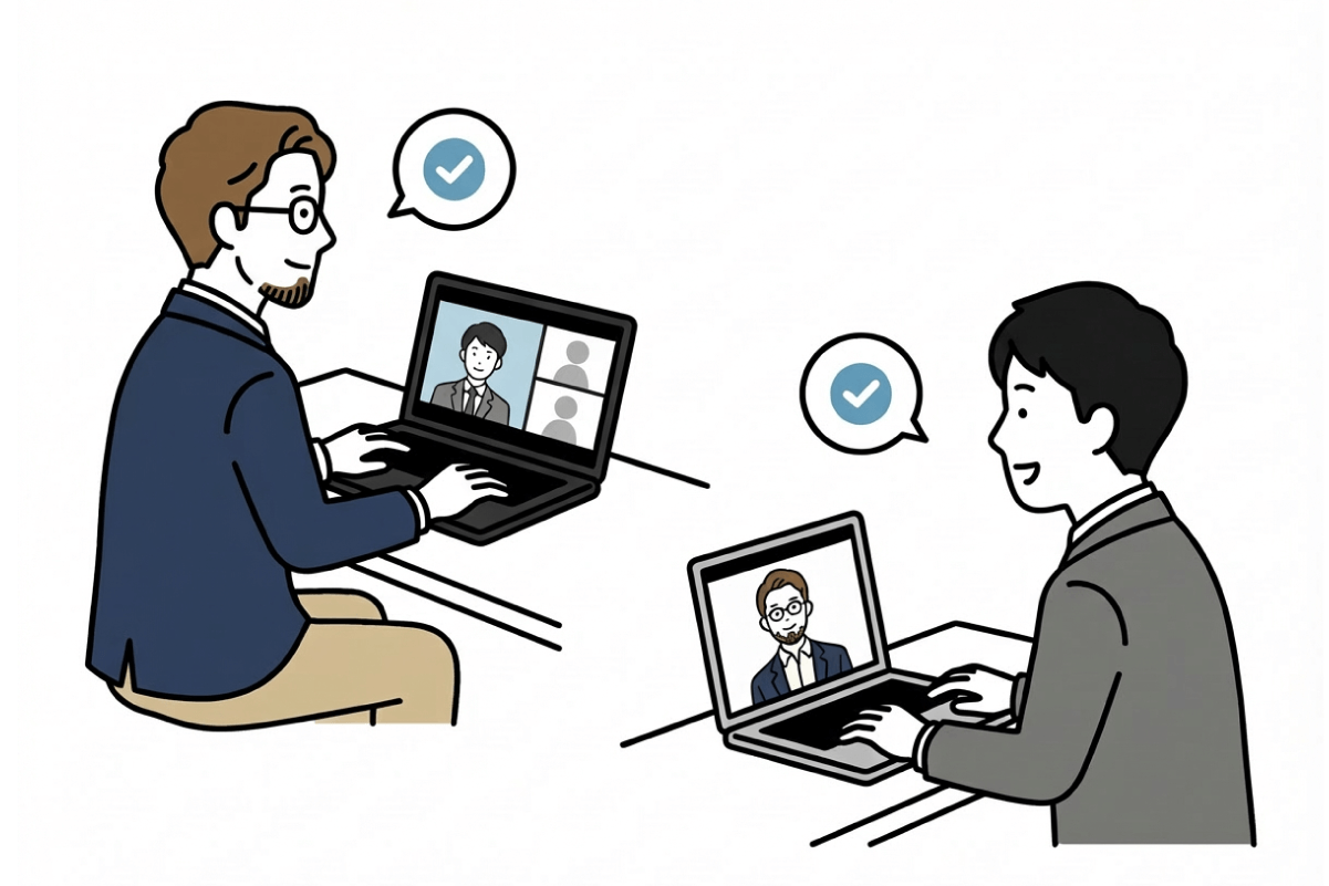 二人のビジネスパーソンがそれぞれノートPCを使ってオンラインミーティングを行っているイラスト。