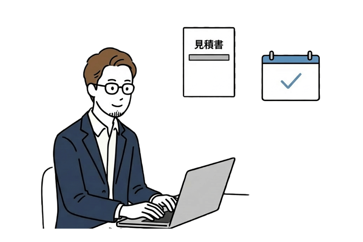 男性ディレクターがノートPCで作業しながら、見積書やスケジュール、提案資料などのアイコンに囲まれているイラスト。