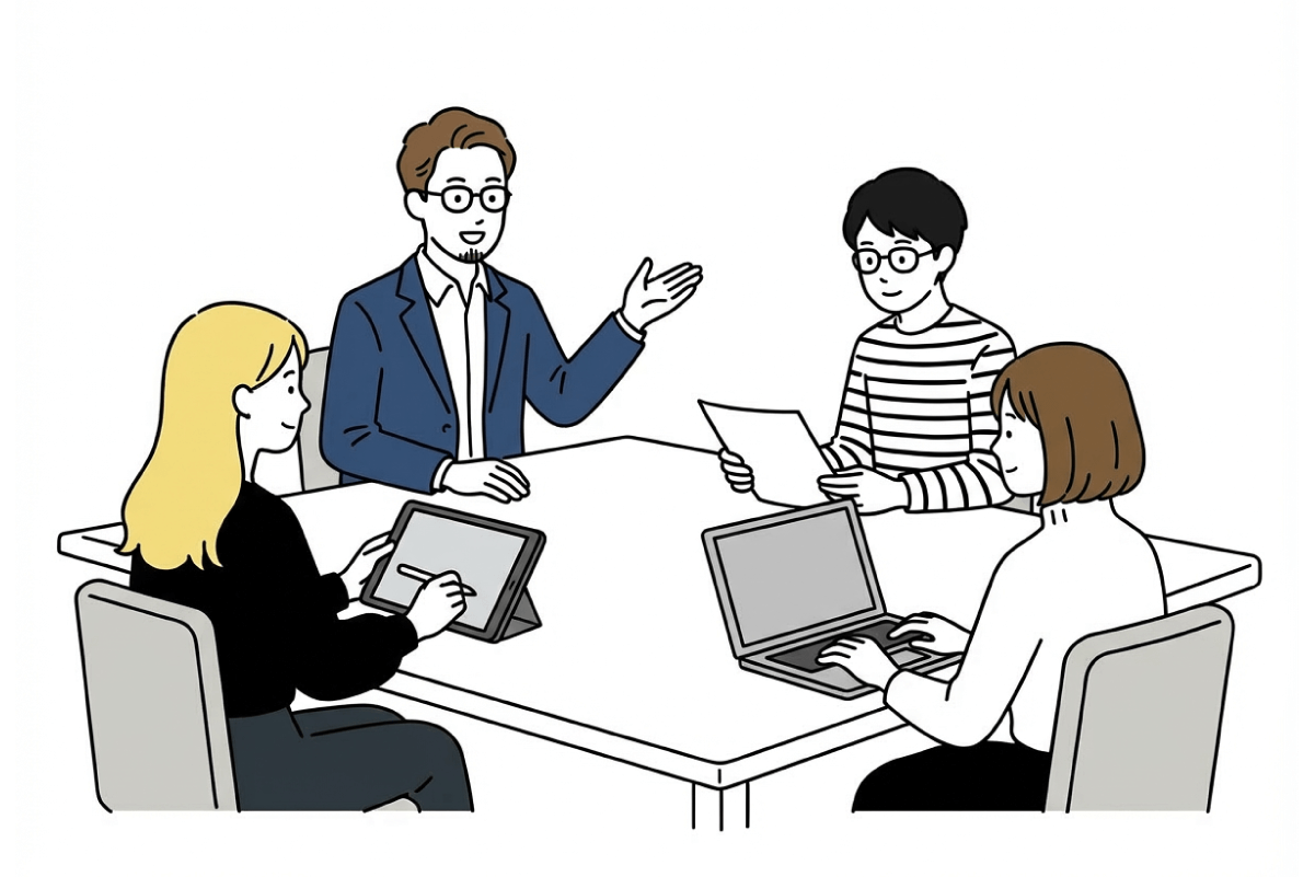 4人のメンバーがタブレットや資料を使いながら、プロジェクトのキックオフミーティングを行っているイラスト。