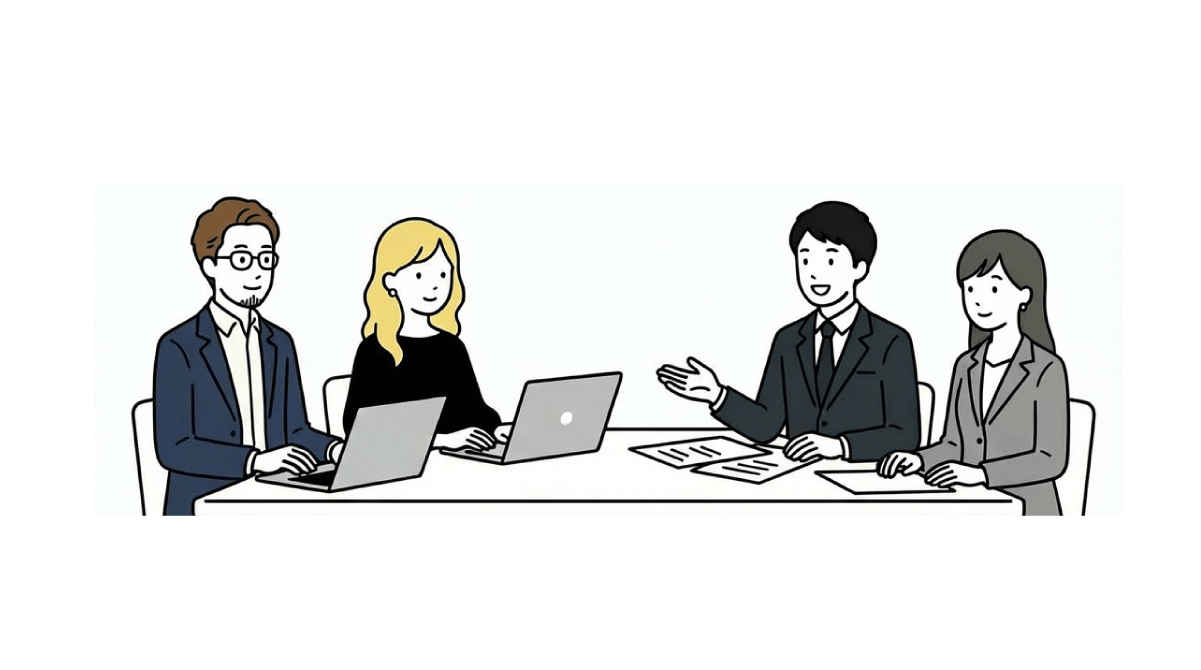Webディレクター、Webデザイナー、クライアントがテーブルを囲み、ノートPCや資料を使いながら打ち合わせをしているイラスト。