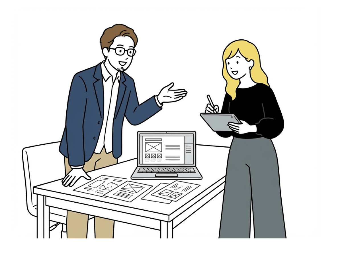 男性がワイヤーフレームを開いたノートPCと資料を前に説明し、女性がタブレットにメモを取っているイラスト。