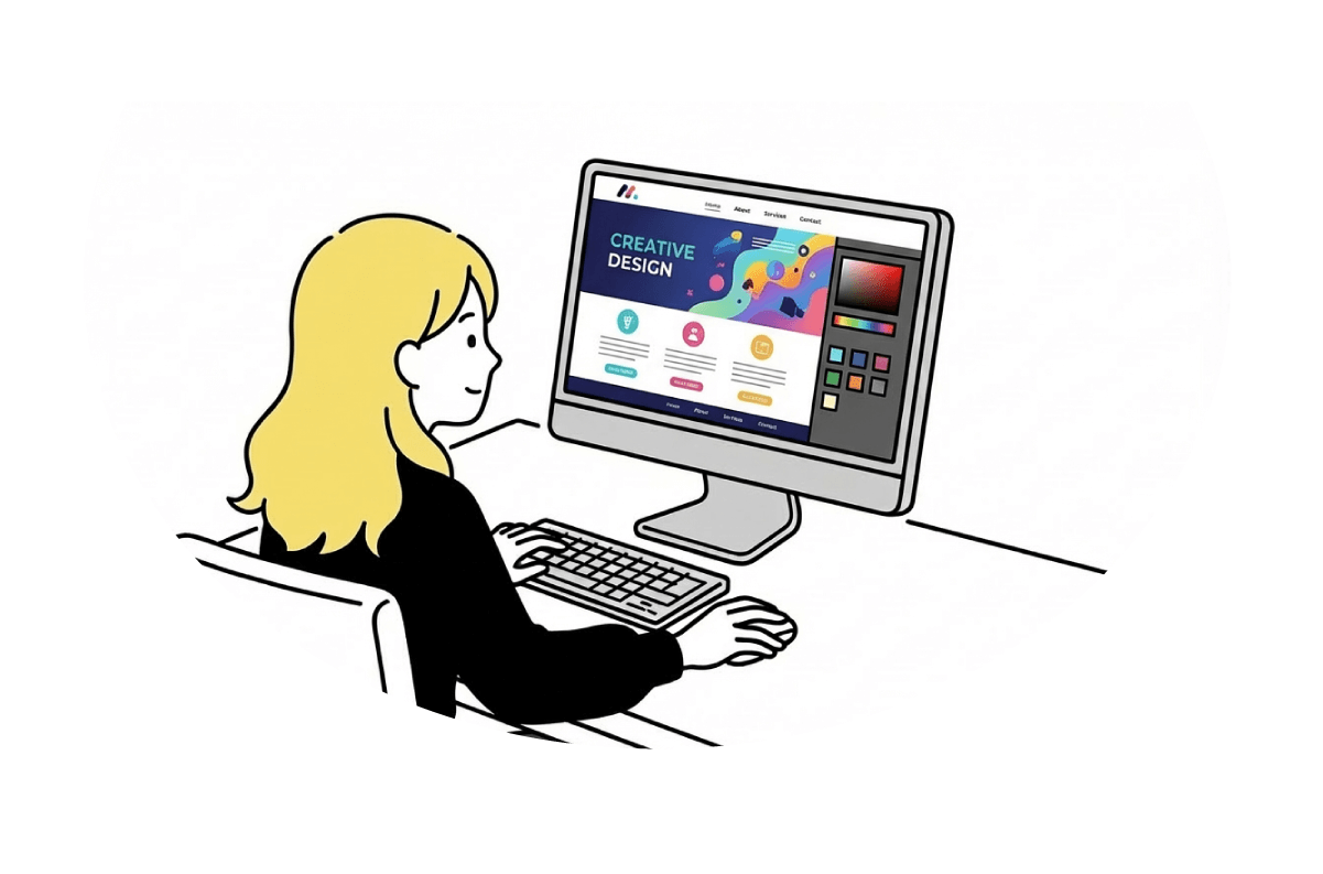 女性デザイナーがデスクトップPCでWebサイトのビジュアルデザインを制作しているイラスト。