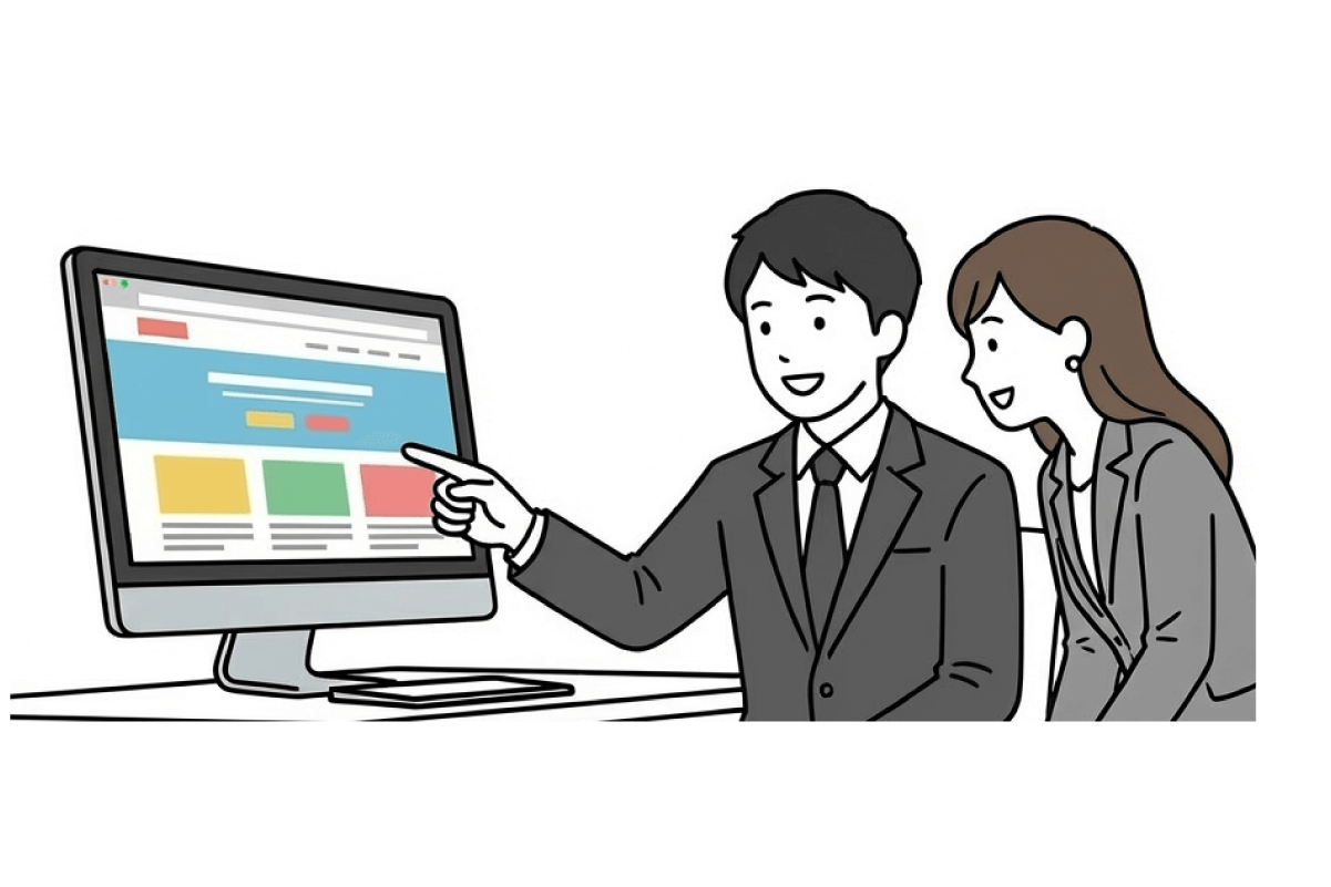スーツ姿の男性がモニター上のWebデザインを指差し、隣の女性に画面の内容を説明している様子のイラスト。