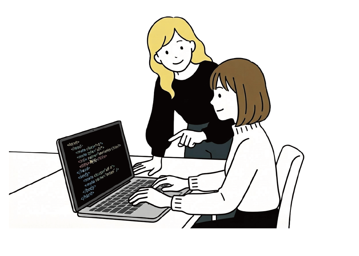 女性デザイナーがコードの表示されたノートPCを指差しながら、座っている女性コーダーに説明しているイラスト。