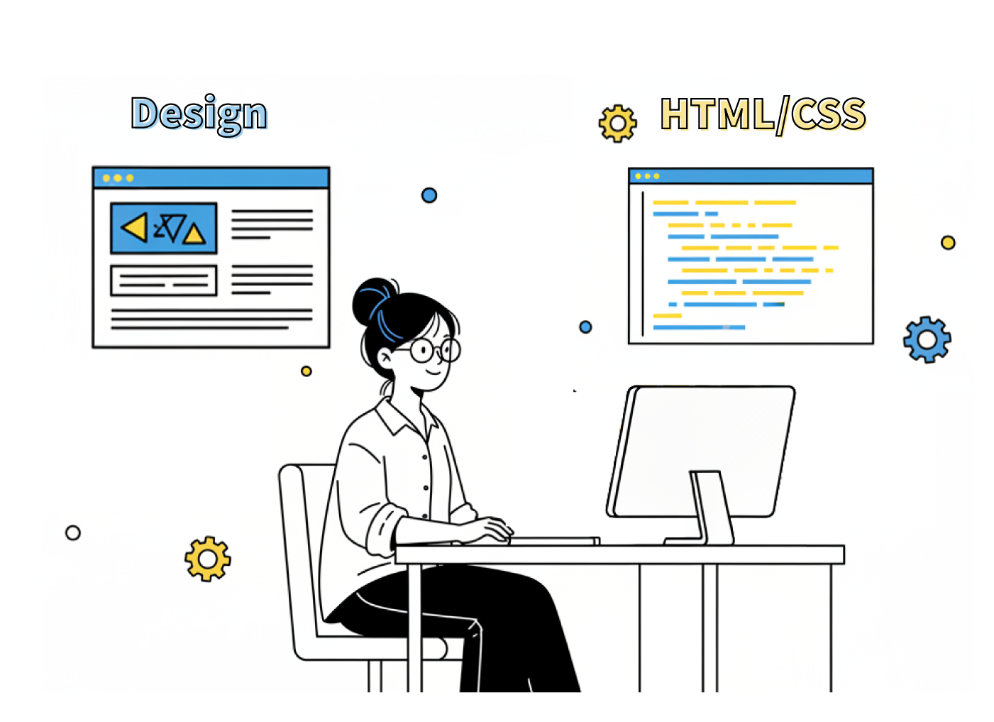 デザイン画面とHTML・CSSのコードを見ながらWebサイトを制作しているイラスト