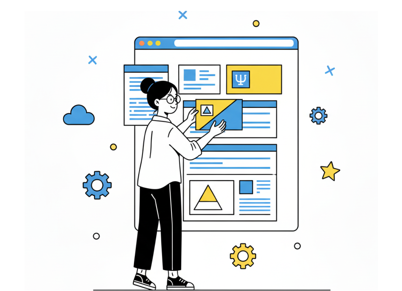 ノーコードツールでブロックを組み合わせてWebサイトを作成しているイラスト