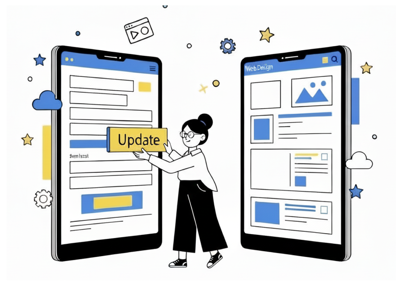 CMSの管理画面でWebサイトの内容を更新しているイラスト