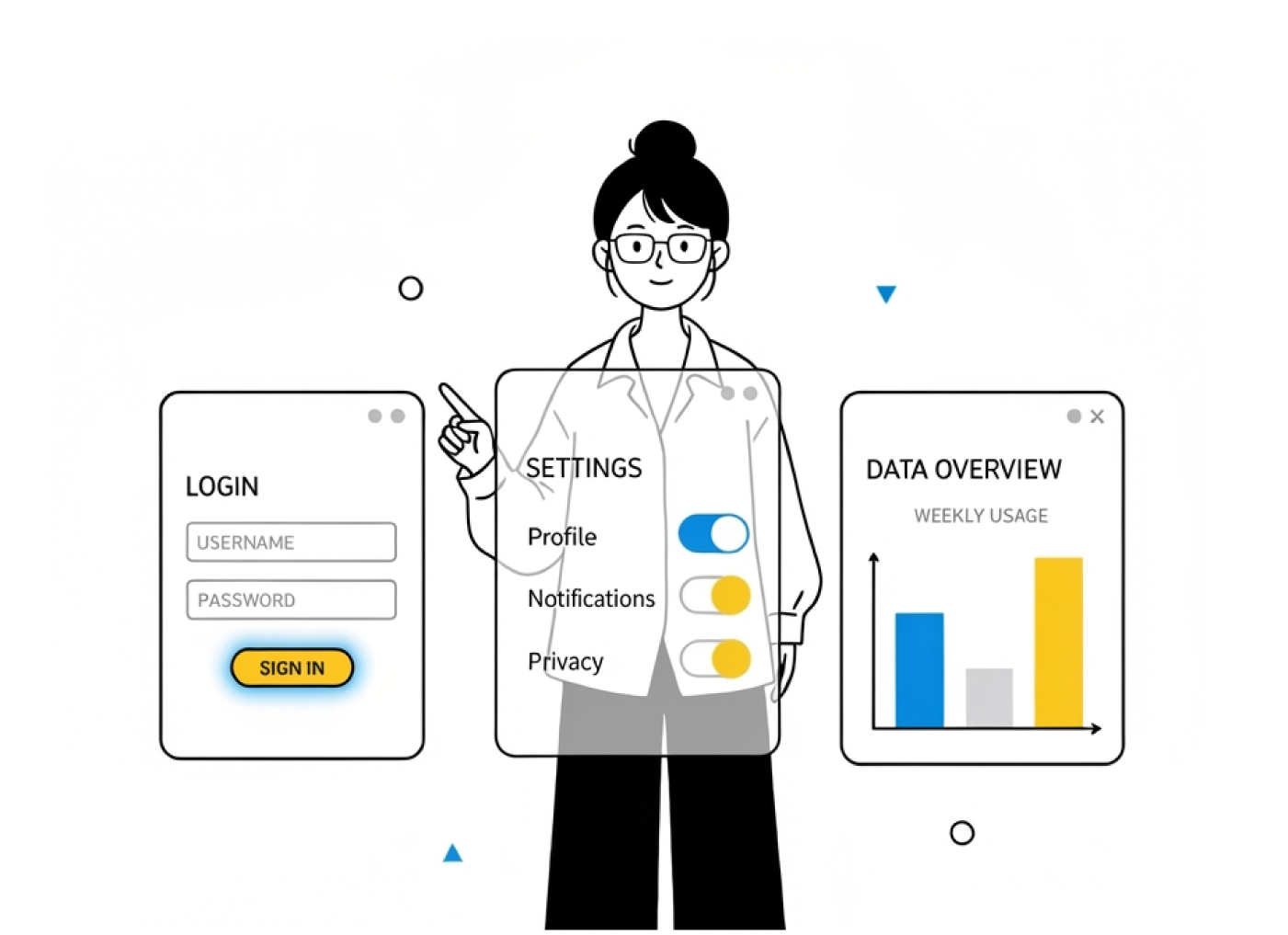 フロントエンドエンジニアがログイン画面や設定画面、データ管理画面を開発しているイラスト